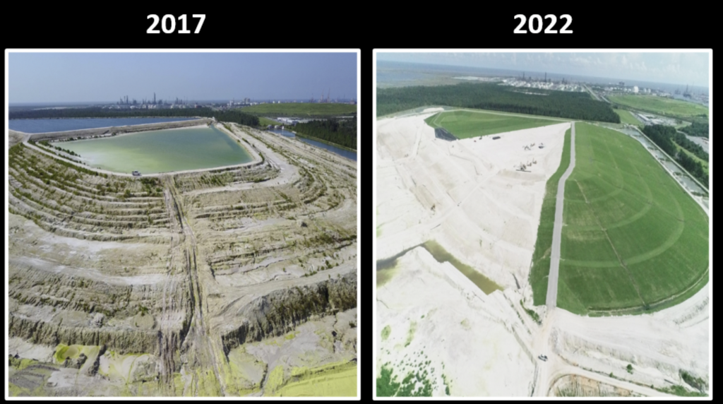 A side-by-side comparison of the Mississippi gypsum stack closure project taken from a March 2023 presentation. Closure is expected to be completed in 2025. (Courtesy of the Environmental Protection Agency)

