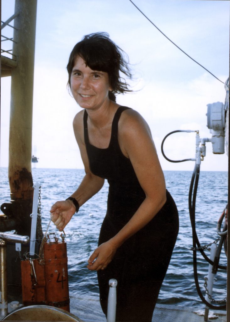 Nancy Rabalais holds oxygen meters on a research cruise around 2000. Photo courtesy of Nancy Rabalais