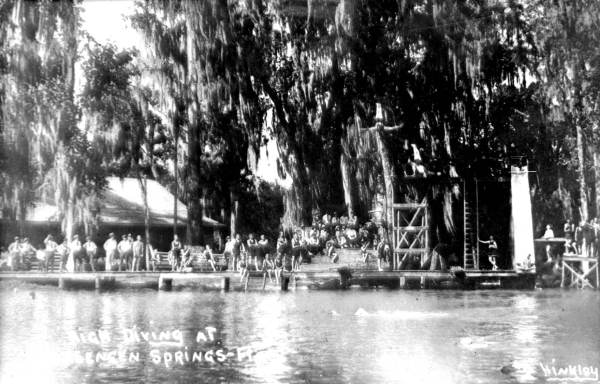 A postcard of folks gathering around the high dive at Kissengen Springs in Polk County, Fla. (1923). 