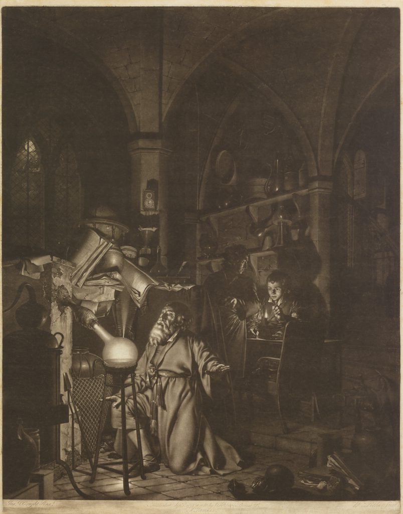 “The Alchymist, in Search of the Philosopher's Stone, Discovers Phosphorus, and prays for the successful Conclusion of his operation, as was the custom of the Ancient Chymical Astrologers” mezzotint by William Pether.