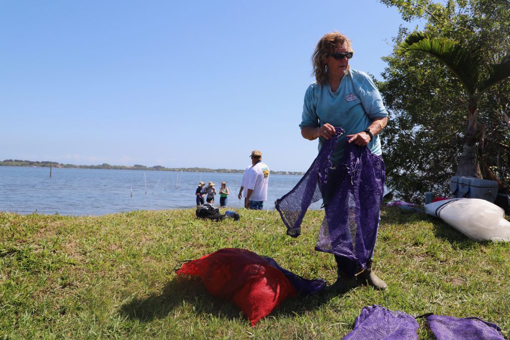 Leslie Sturmer stands on the banks of a river, holding an empty purple mesh bag that was used to disperse the clams.. 