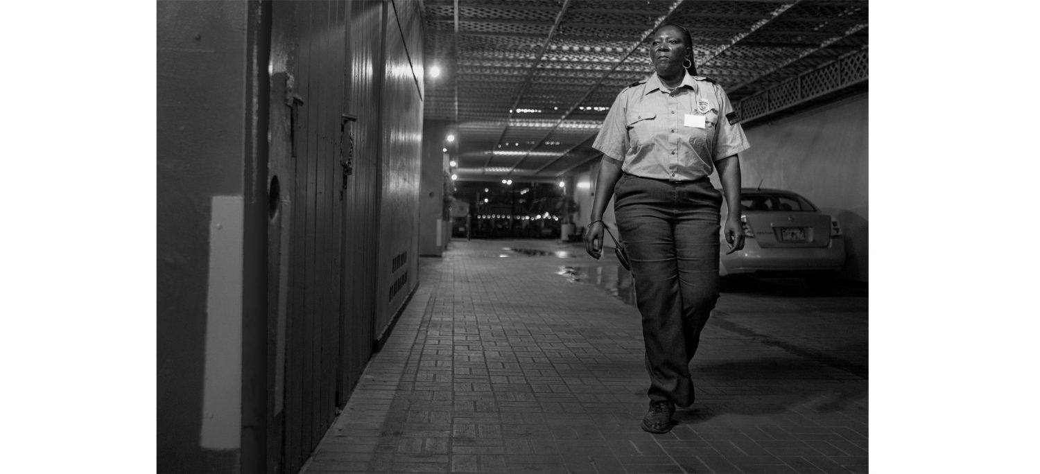 Hill patrols the Holiday Inn on University Avenue while working her security shift.