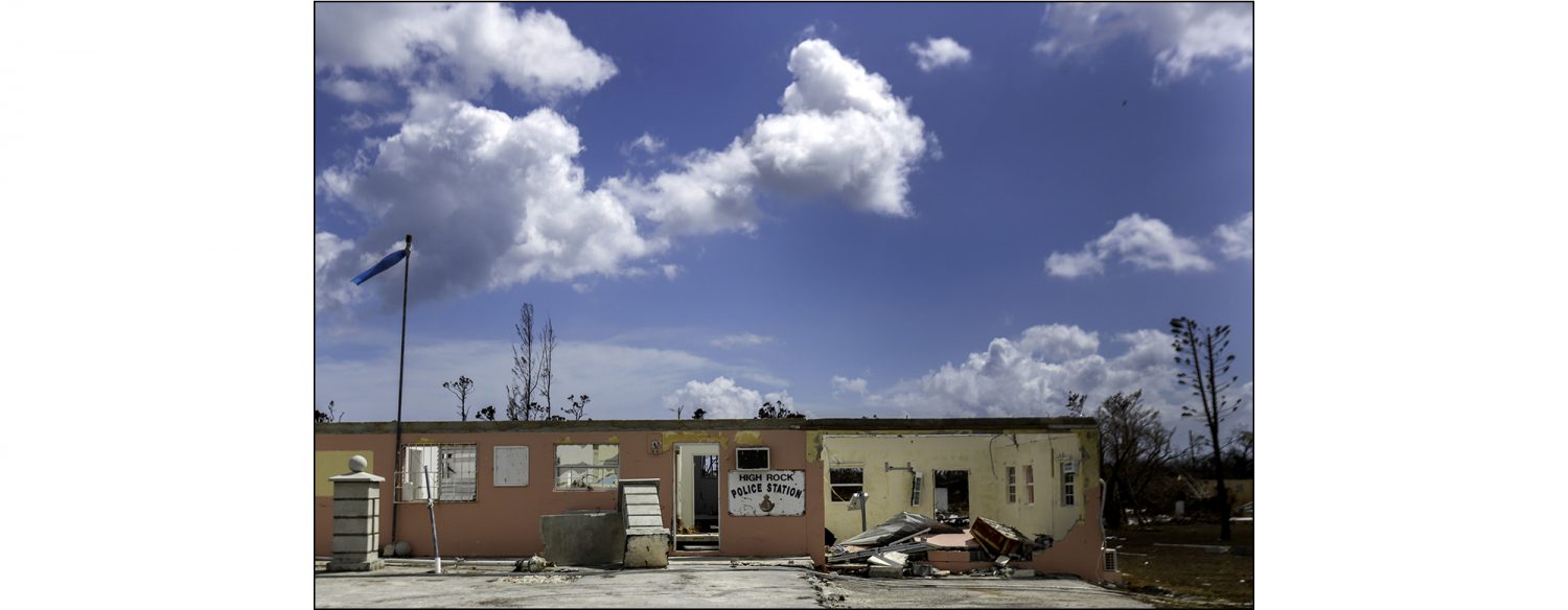 The High Rock Police station sits damaged from Hurricane Dorian in High Rock, Grand Bahama on Sept. 16, 2019.