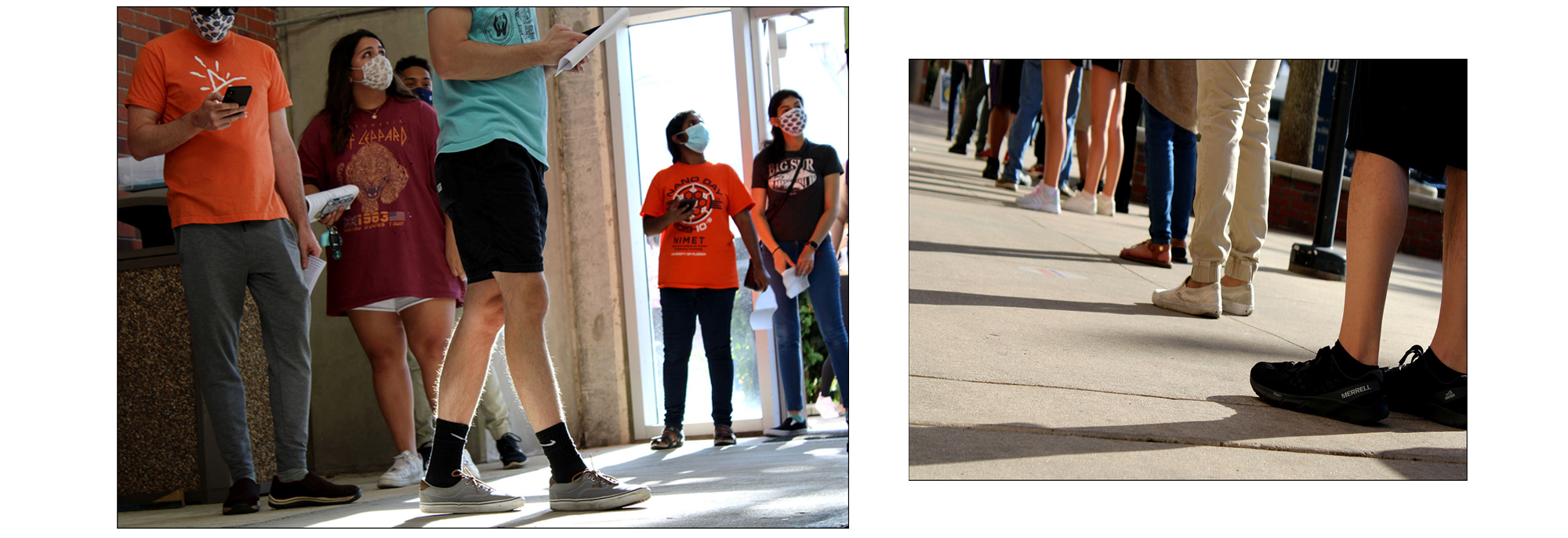 Students wait to go up the escalator, where they will receive their vaccine.