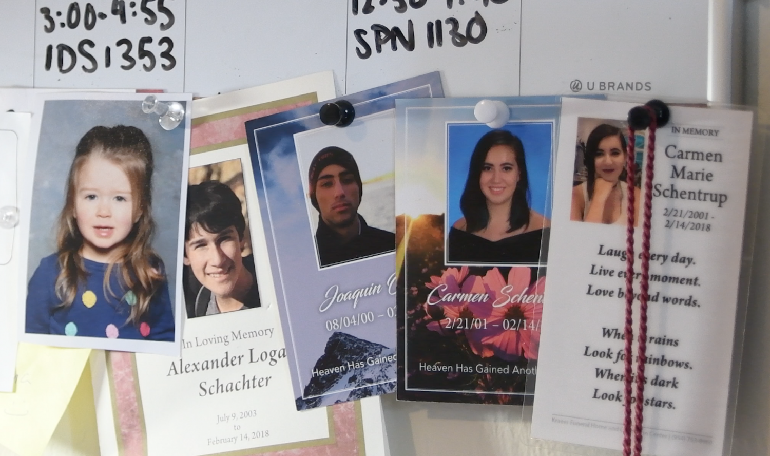 Funeral pamphlets pinned against Liz's white board are constant reminders of the friends she lost a year ago.