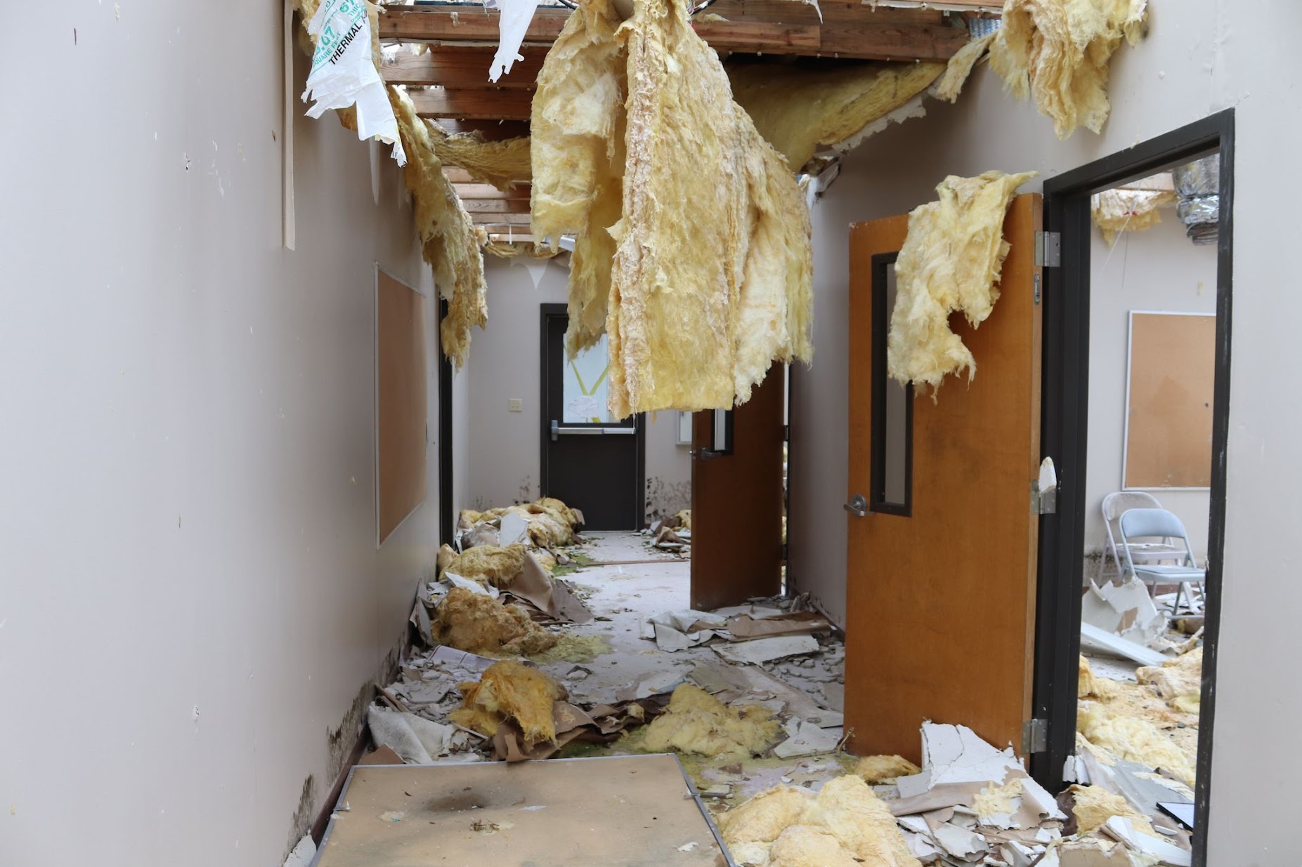 The church office was deemed a total loss. Drywall covers the place.